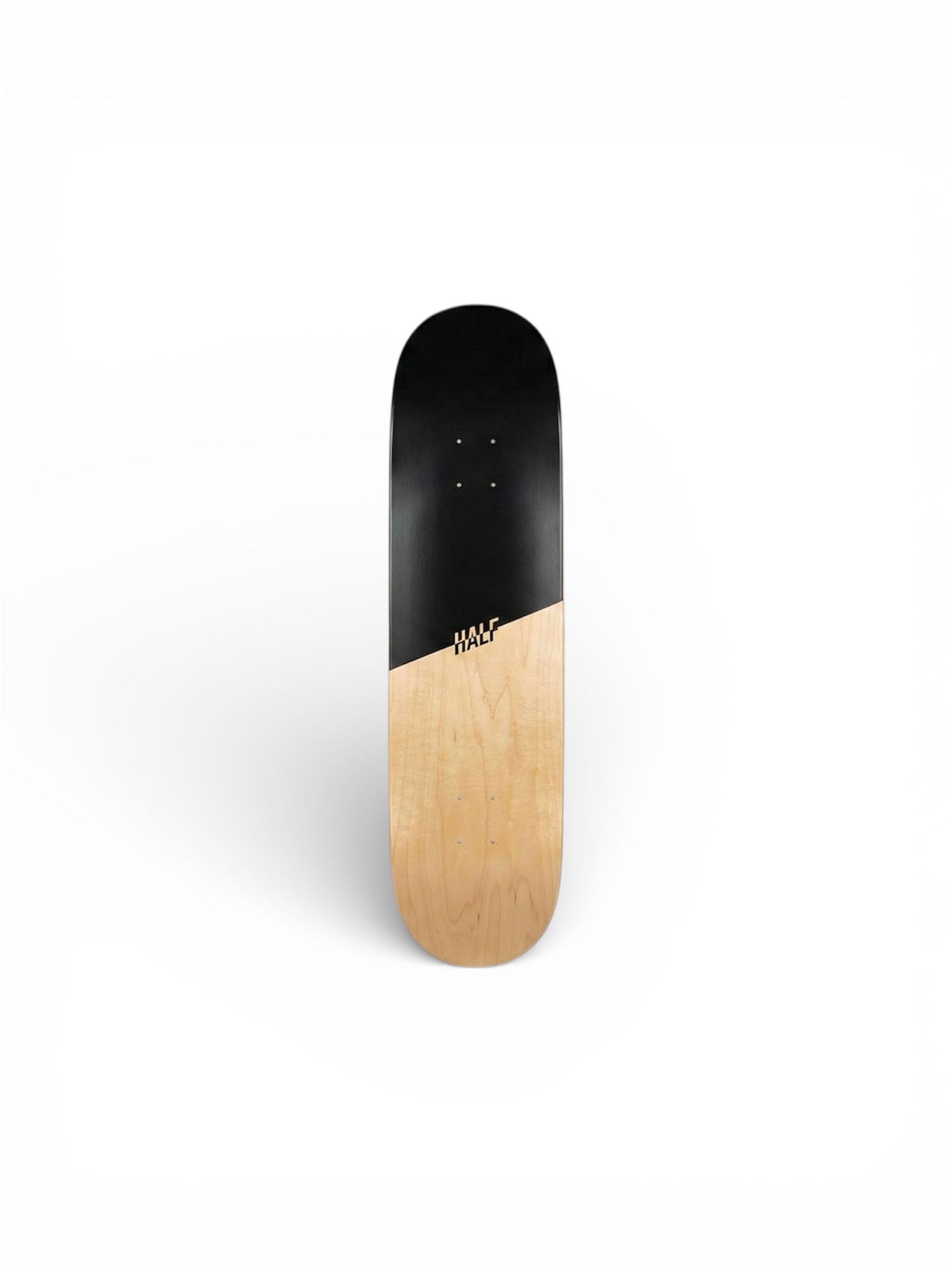 Skateboard deck with black top and wooden bottom on a white background