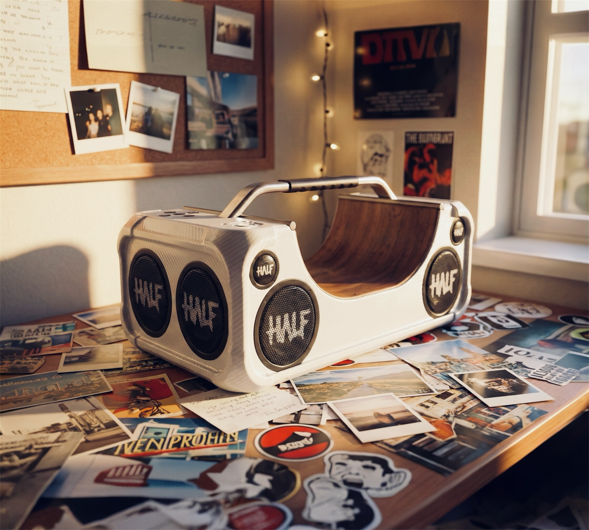 A Portable audio speaker with a built in half-pipe ramp for fingerboading and style