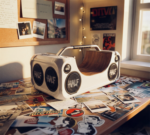 A Portable audio speaker with a built in half-pipe ramp for fingerboading and style
